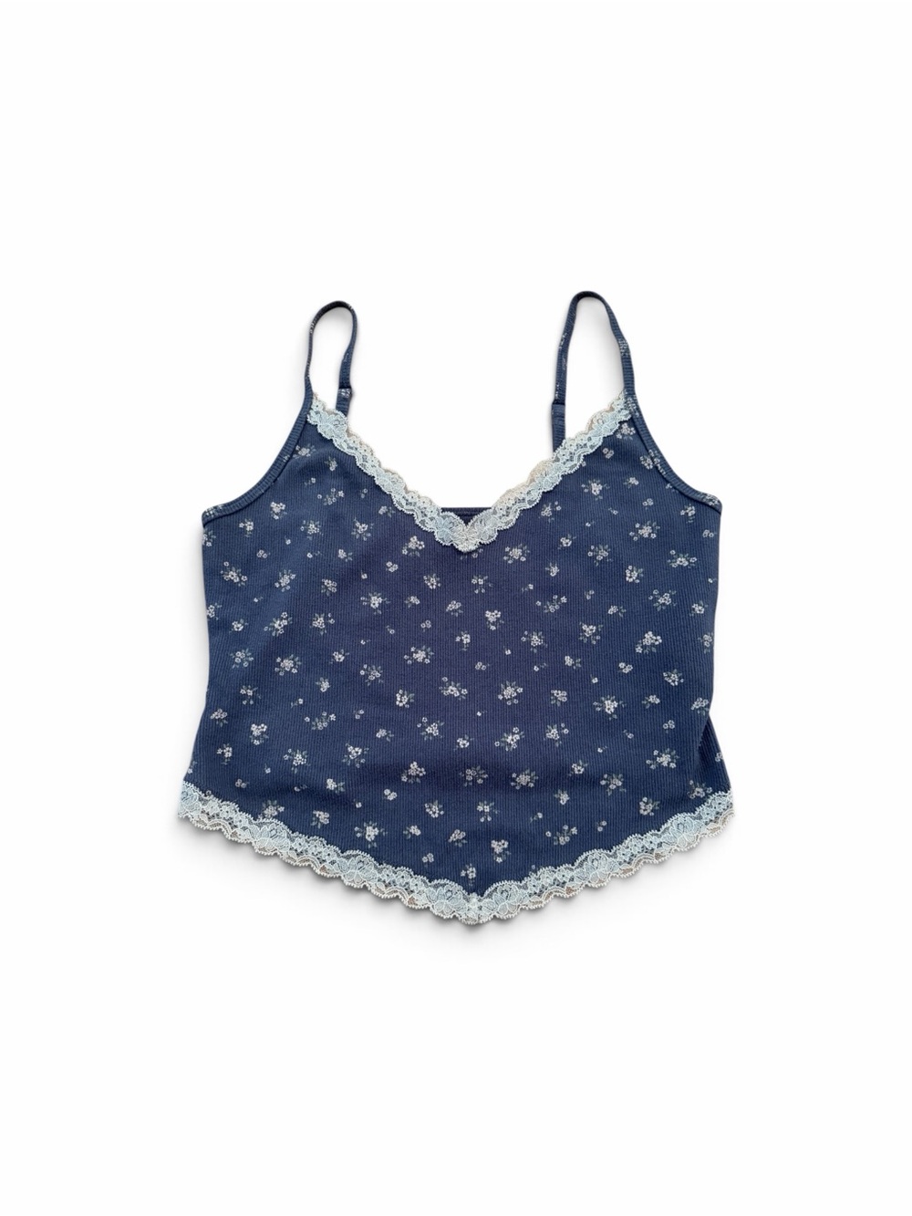 Navy Floral Lace Trim Crop Cami Tank